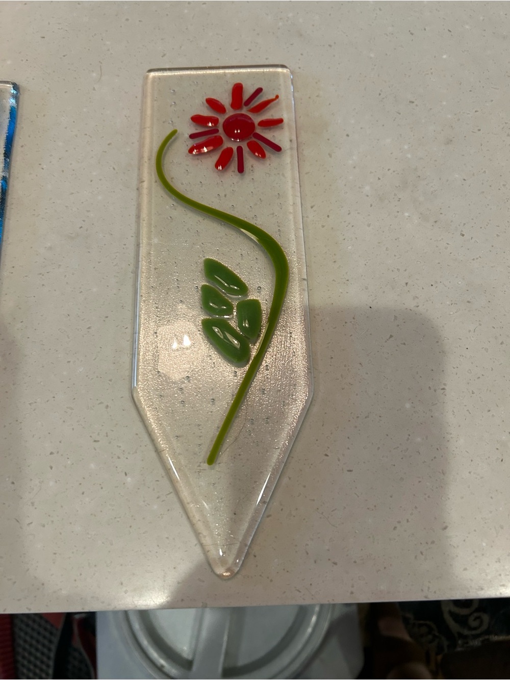 Green and Red Glass Flower Plant Stake— Decorative Home Plant Stake